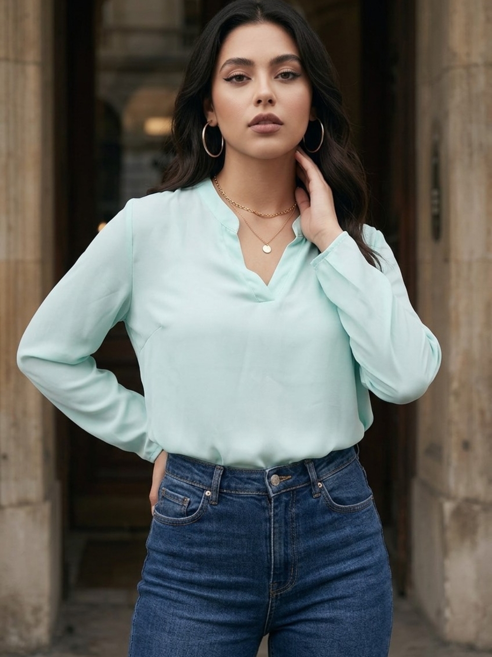 Pink Rose Light Mint Split-Neck Long Sleeve Blouse